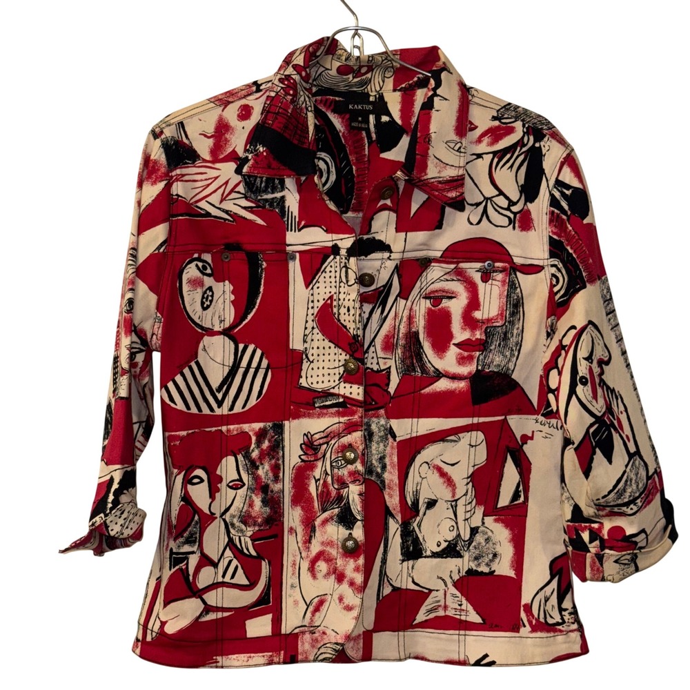 Kaktus Womens Picasso Abstract Face Print Denim Jacket Red Black White Medium